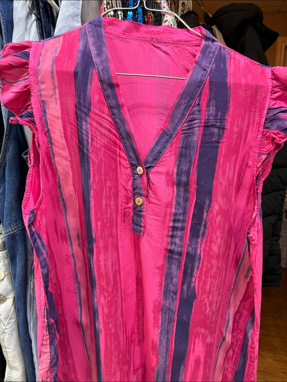 Bright Pink & Purple Striped V-Neck Women's Top